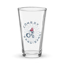 Pint glass featuring a design with the logo 'Comedy Bang! Bang!' and an illustration of a character on a motorcycle.