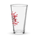 Pint glass with red splatter design featuring the 'BUSTED OPEN' logo.
