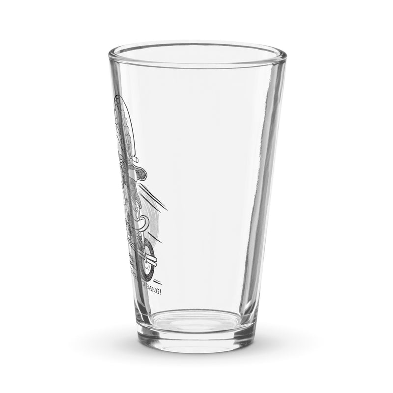 Illustration of a character riding a motorcycle with a sombrero on a glass, featuring text 'Comedy Bang! Bang!'