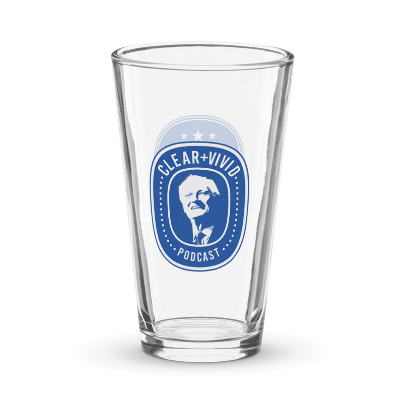 A 'Clear + Vivid' branded pint glass featuring a blue logo and a figure in the center.