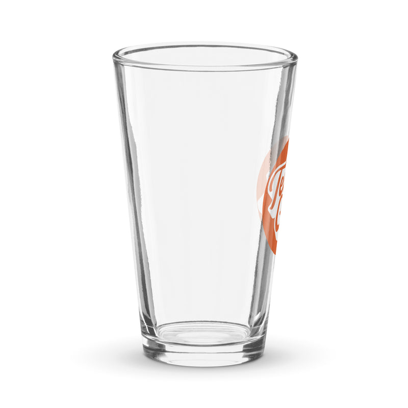 Clear glass pint glass with 'Team Coco Podcasts' logo in orange and white