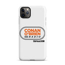 White phone case featuring 'Conan O'Brien Radio' logo and 'SiriusXM' branding