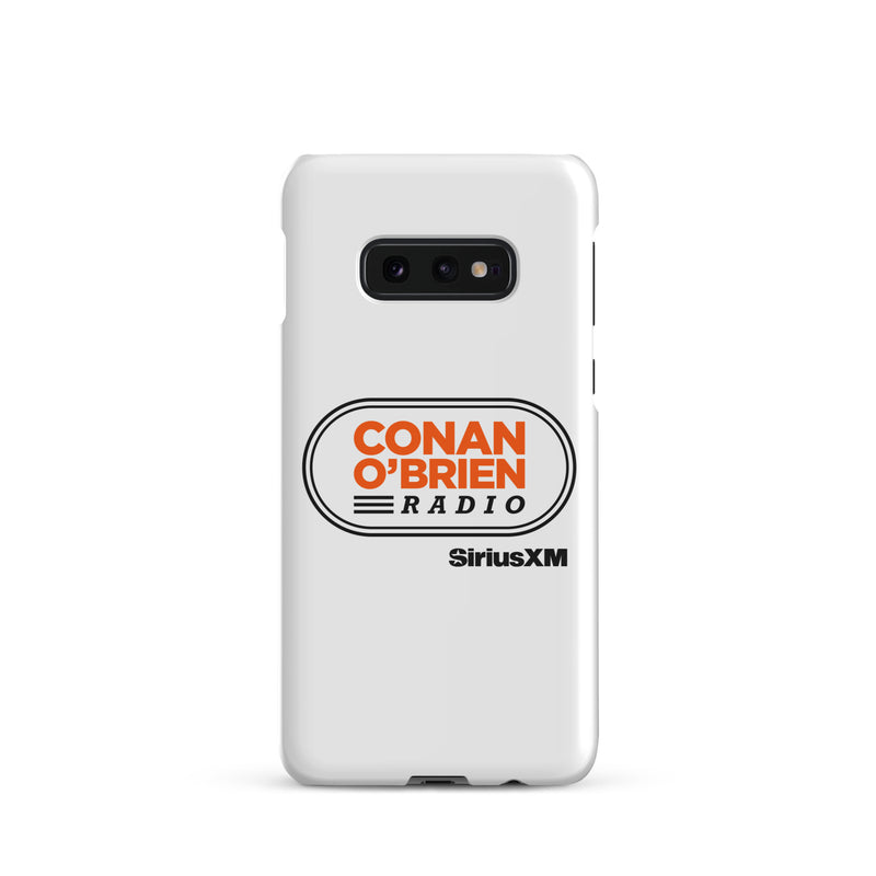 White phone case featuring 'Conan O'Brien Radio' logo and 'SiriusXM' branding