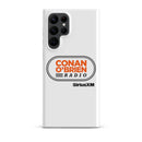 White phone case featuring 'Conan O'Brien Radio' logo and 'SiriusXM' branding