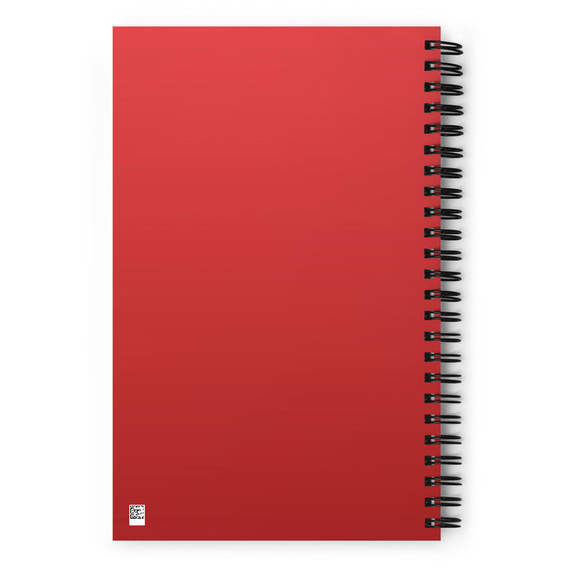 The back cover of a red spiral notebook shown flat on a white background.