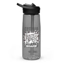 Gray water bottle with black lid and straw, text reads 'BUSTED F'N OPEN', branded with CamelBak logo at the bottom