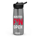 Gray water bottle with black lid and straw, text reads 'BUSTED F'N OPEN', branded with CamelBak logo at the bottom