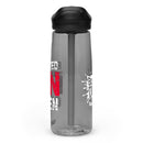 Gray water bottle with black lid and straw, text reads 'BUSTED F'N OPEN', branded with CamelBak logo at the bottom