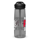 Gray water bottle with black lid and straw, text reads 'BUSTED F'N OPEN', branded with CamelBak logo at the bottom
