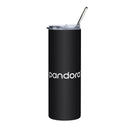Black travel tumbler with clear lid and straw featuring the 'Pandora' logo in white.