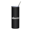 Black tumbler with 'adswizz' logo and metal straw.