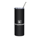 Black tumbler with 'Simplecast' logo and metal straw, featuring a clear lid.