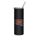 Black tumbler with straw featuring 'Conan O'Brien Radio' and 'SiriusXM' logos in orange and white.