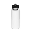 Rear view of a white stainless steel water bottle with a black plastic lid. The lid includes a thick loop handle that arches over the top, and the bottle’s back surface is completely blank with no visible graphics or text.
