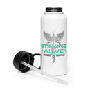 A white stainless steel water bottle with a black lid removed and resting on its side, revealing a long internal straw extending from the cap. The front of the bottle displays a grayscale caduceus symbol with two serpents and outstretched wings, above bold teal text that reads 'STAYING ALIVE' flanked by EKG line graphics. Below the main text are the names 'JON GABRUS' and 'ADAM PALLY' in black capital letters.