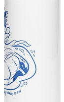Left-side angled close up of the same white water bottle, showing a partial wraparound of the blue illustration. The sea king’s flowing hair, shoulder, and surrounding water splashes are visible, along with partial text including ‘2026’ and the phrase ‘MANY URKELS TO YOU’ near the lower edge. The black lid and flip straw remain closed.