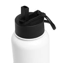 Close-up view of a black plastic straw lid atop a white stainless steel water bottle. The lid features a raised drinking spout in the open position and a sturdy loop handle extending from the side, designed for easy carrying or attaching to a bag.