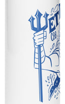 Right-side angled close up of the white water bottle, highlighting the opposite portion of the wraparound design. The sea king’s arm holding a trident and additional water splash details are visible, along with partial lettering from ‘WET DAY’. 