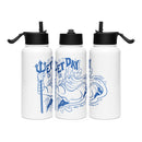 Three-view product image of a white stainless steel water bottle with a black screw-on lid and flip-up straw spout. The bottle features a blue line-art graphic reading ‘WET DAY CBB’ with a stylized sea king holding a trident, surrounded by splashes. The side views show the wraparound design extending across the bottle’s curved surface.