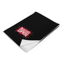 Black blanket with white underside featuring red splatter design and text 'BUSTED OPEN'.