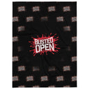 Black blanket featuring the phrase 'BUSTED OPEN' in red and white, surrounded by repeated logos.