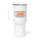 White travel mug with handle featuring 'Conan O'Brien Radio' logo in orange and black.