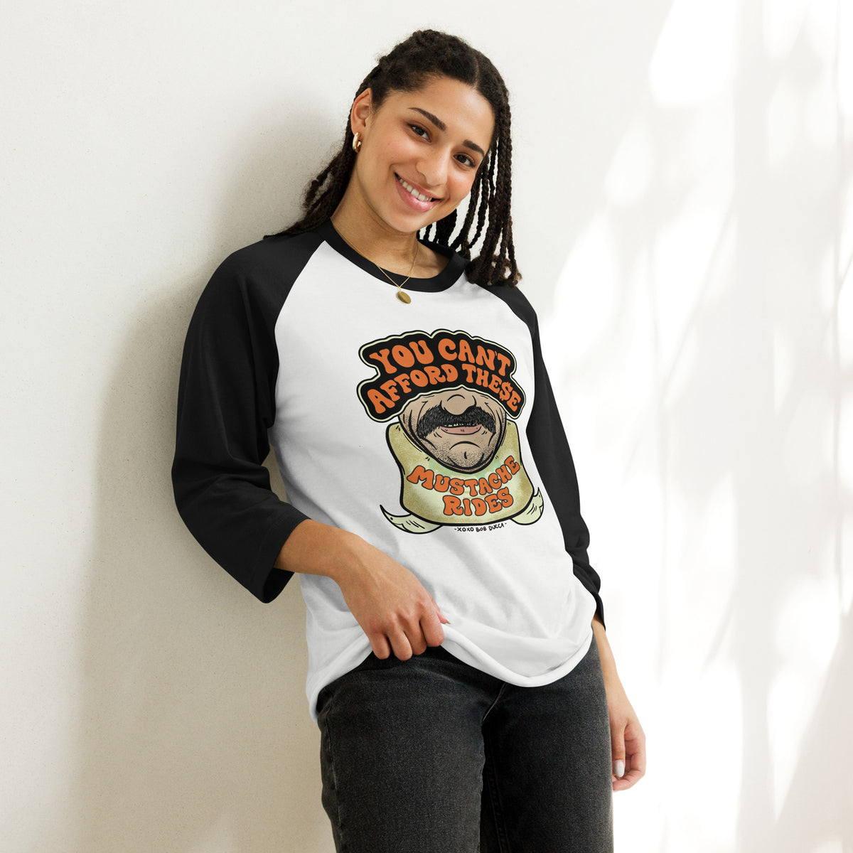 Comedy Bang Bang: Ducca Mustache Rides Raglan Baseball Tee | PodSwag
