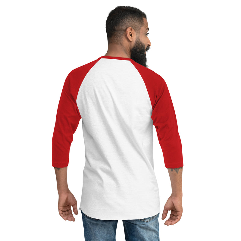 Back view of a man wearing a white and red raglan sleeve shirt with no visible design, showing the contrast between the white body and red sleeves.