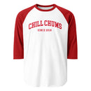 Flat lay of a white and red raglan sleeve shirt with 'CHILL CHUMS SINCE 2018' printed in red collegiate-style text across the chest.
