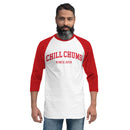Front view of a man wearing a white and red raglan sleeve shirt featuring 'CHILL CHUMS SINCE 2018' printed in bold red text.