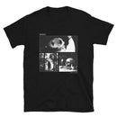Front view of a black short-sleeve T-shirt featuring a centered rectangular black-and-white collage graphic. The top panel shows a close-up eye with two small silhouetted hands reflected in the pupil. The bottom left panel shows a hooded figure standing among tall trees in a forest. The bottom right panel shows a skull resting on stacked books beside a lit candle. The word ‘MORBID’ appears above the collage, and ‘KEEP IT WEIRD’ is printed beneath the lower right panel.