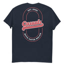 A navy blue short-sleeve T-shirt laid flat, back view. The back design features a large red and white oval graphic with 'Casuals' in script across the center, 'EST. 2025' above, and 'WITH KATIE NOLAN' below.