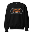Black sweatshirt featuring 'Conan O'Brien Radio' logo in orange and white.