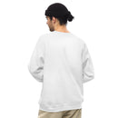 A man wearing a white crewneck sweatshirt, viewed from the back. He is wearing a black beanie and beige pants. The sweatshirt has a relaxed fit with no visible logos or text on the back.