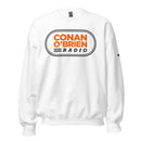 White sweatshirt featuring the text 'Conan O'Brien' Radio in orange and black