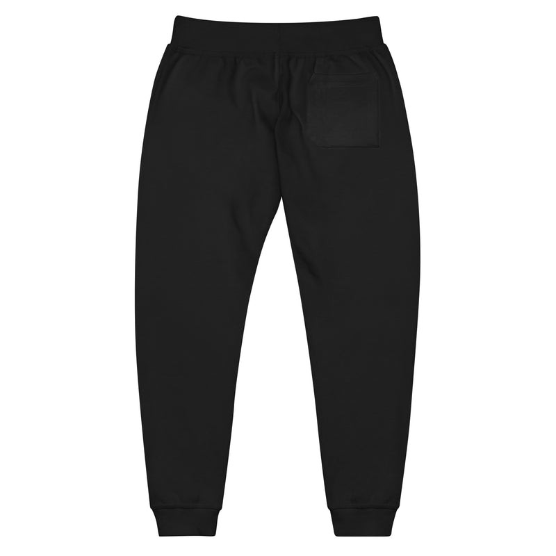 Flat lay of the back of plain black sweatpants, showing a single back pocket on the right side.