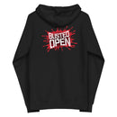 A black zip-up hoodie with a bold graphic on the back featuring the phrase 'BUSTED OPEN' in distressed white text over a red blood-splatter background.
