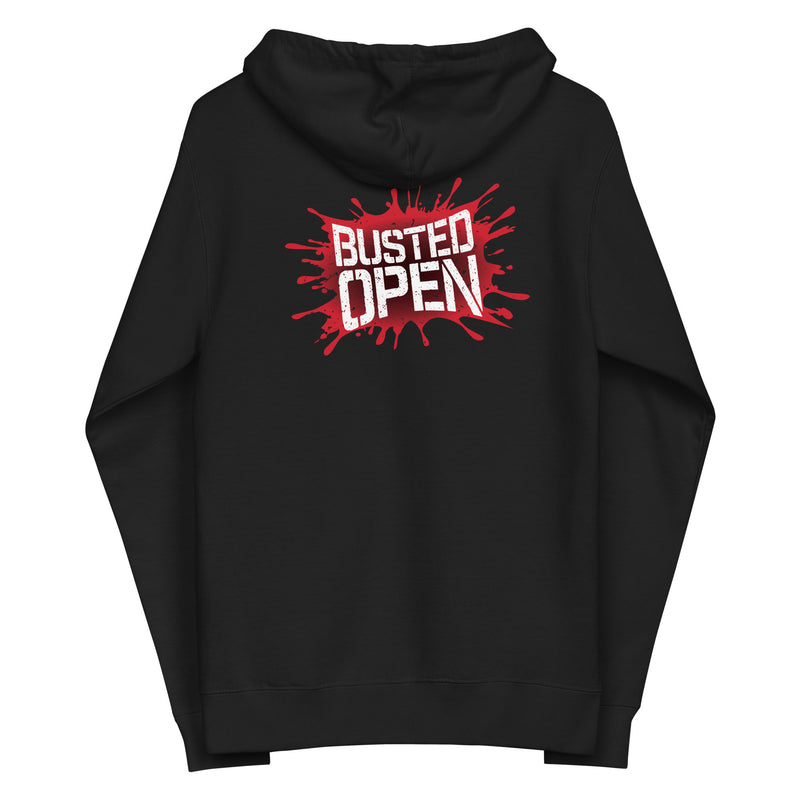 A black zip-up hoodie with a bold graphic on the back featuring the phrase 'BUSTED OPEN' in distressed white text over a red blood-splatter background.