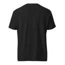 Back view of black unisex garment-dyed heavyweight T-shirt with short sleeves and crew neckline. Smooth solid black fabric with no visible graphics or branding on the back. Relaxed straight fit with clean hem and classic silhouette.