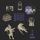 Back view of a black heavyweight T-shirt featuring a large centered collage of vintage-inspired illustrations arranged around stacked purple ‘MORBID’ text. The graphics include two overlapping skulls with purple shading, a stack of old books, a crystal ball, a raven perched on a branch, a small horned devil figure, a gothic window frame, a cropped image of wide eyes, and a lit candle in purple near the lower right.