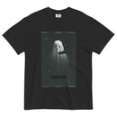 Flat lay front view of white short-sleeve T-shirt featuring the same centered rectangular ghost graphic with microphone, VHS-style texture, repeated ‘MORBID’ text along the border, and subtitle text ‘[Nicholas: Disgusting!]’ at the bottom.