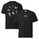 Two black heavyweight T-shirts displayed side by side, one showing the back and one the front. The back features a large collage of vintage-style illustrations including overlapping skulls, a stack of books, a raven on a branch, a crystal ball, a horned devil figure, a red candle, a gothic window frame, and wide fearful eyes, with stacked red ‘MORBID’ text in the center. The front shows a small stacked ‘MORBID’ logo centered on the chest, with two lines in white above one line in red.