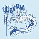 Close-up of the t-shirt’s blue graphic showing the ‘WET DAY CBB 2026’ text and detailed illustration of a crowned sea king with flowing beard holding a trident, surrounded by splashes and the phrase ‘MANY URKELS TO YOU.’