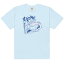 Front view of a light blue t-shirt featuring a blue illustrated graphic reading ‘WET DAY CBB 2026.’ The design shows a stylized sea king holding a trident, surrounded by water splashes, with small text below reading ‘MANY URKELS TO YOU.’