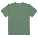 Back view of a light green unisex garment-dyed heavyweight T-shirt laid flat against a pale background. The shirt has a classic crew neckline, short sleeves, and a straight hem. The back is completely blank with no graphics or text, showing smooth sage-green fabric and subtle stitching along the collar, sleeves, and hem.