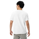 Back view of a man wearing a plain white T-shirt with no visible graphics, paired with light gray cargo shorts.