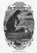 Close-up of the black-and-white back graphic on a white T-shirt, depicting a hooded skeleton rowing a boat on rippling water. Decorative scroll banners frame the oval scene. The lower ribbon reads ‘MORBID’ and ‘2018,’ and beneath the image the phrase ‘SHE BECOMETH SO LAME’ is printed in small capital letters.