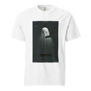 Flat lay front view of white short-sleeve T-shirt showing the same ghost-in-sheet graphic with microphone, grainy VHS effect, border text ‘MORBID,’ and caption ‘[Nicholas: Disgusting!]’ printed beneath the image.