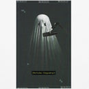 Close up of graphic featuring a ghost draped in a white sheet with two eye holes, positioned in front of a microphone; VHS-style grain overlay with repeated ‘MORBID’ text along the border and subtitle text reading ‘[Nicholas: Disgusting!]’ at the bottom.