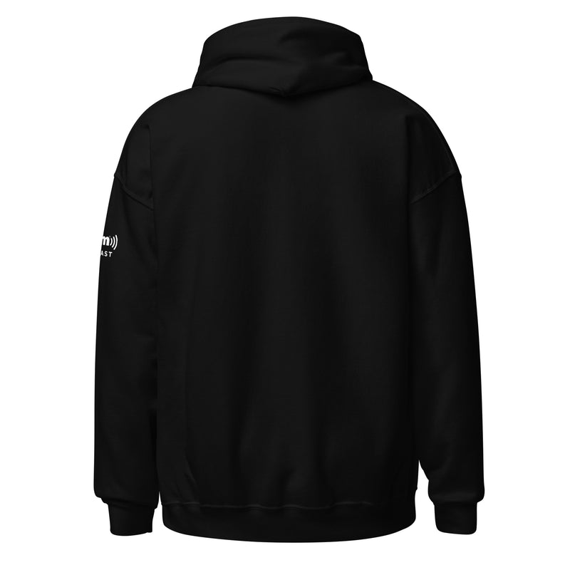 Back side of black hoodie partially showing the a white logo on the sleeve.